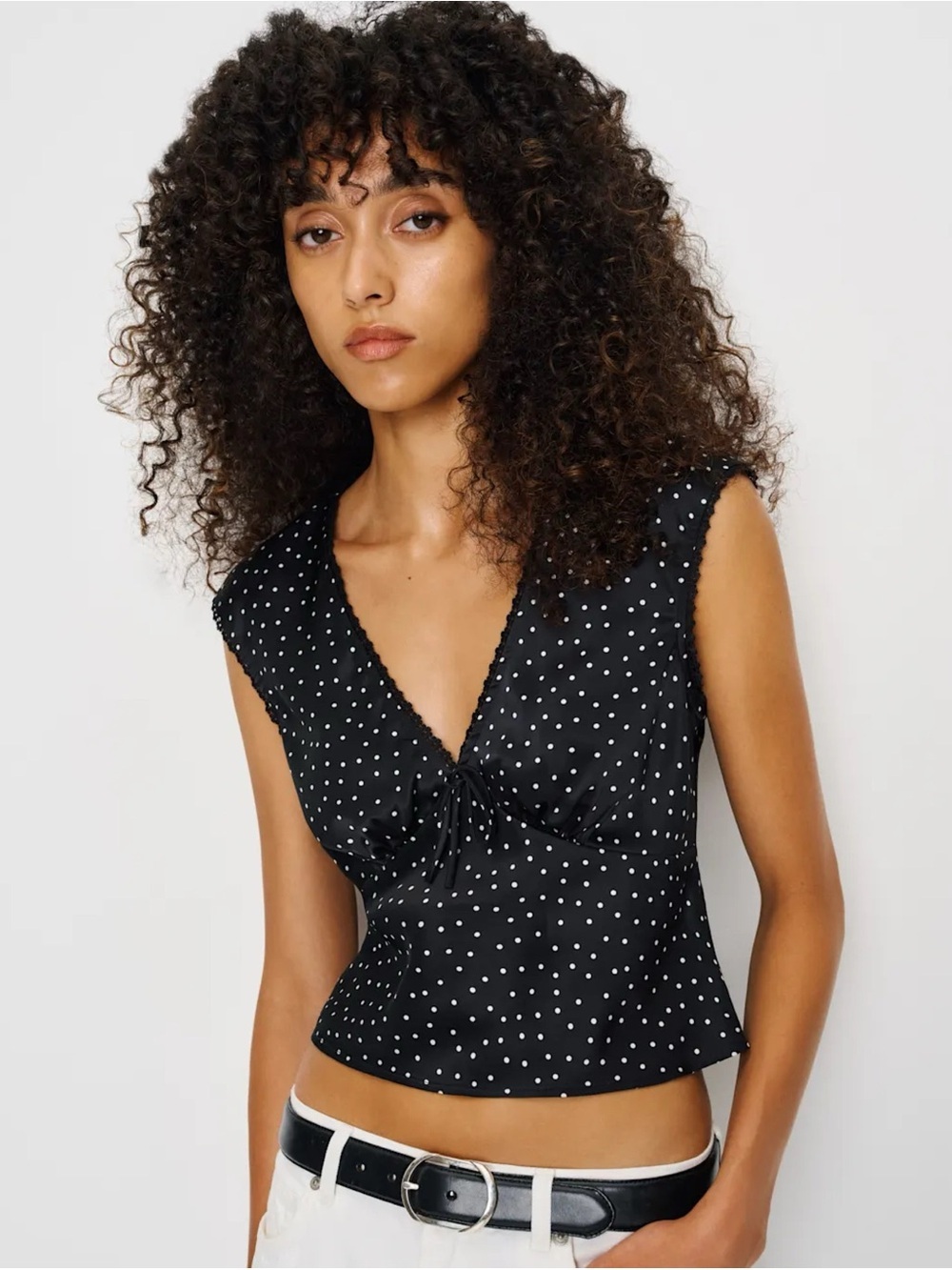 NWT Reformation Cherry Silk Top Selene Polka Dot Black White 2